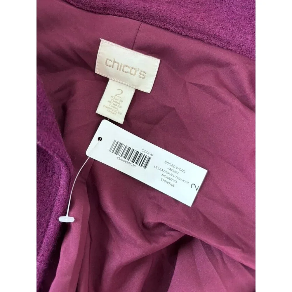 Chico's women's 2 large maroon boiled‎ wool full zip lined wide sleeve jacket